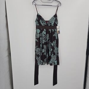 Ruby Rox Brown Teal Floral Print Spaghetti Strap Flounce Dress Women Large Y2K